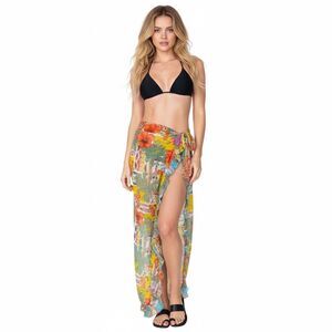 NWT America & Beyond Tropical Colorful Ruffle Maxi Skirt Sarong Cover-Up